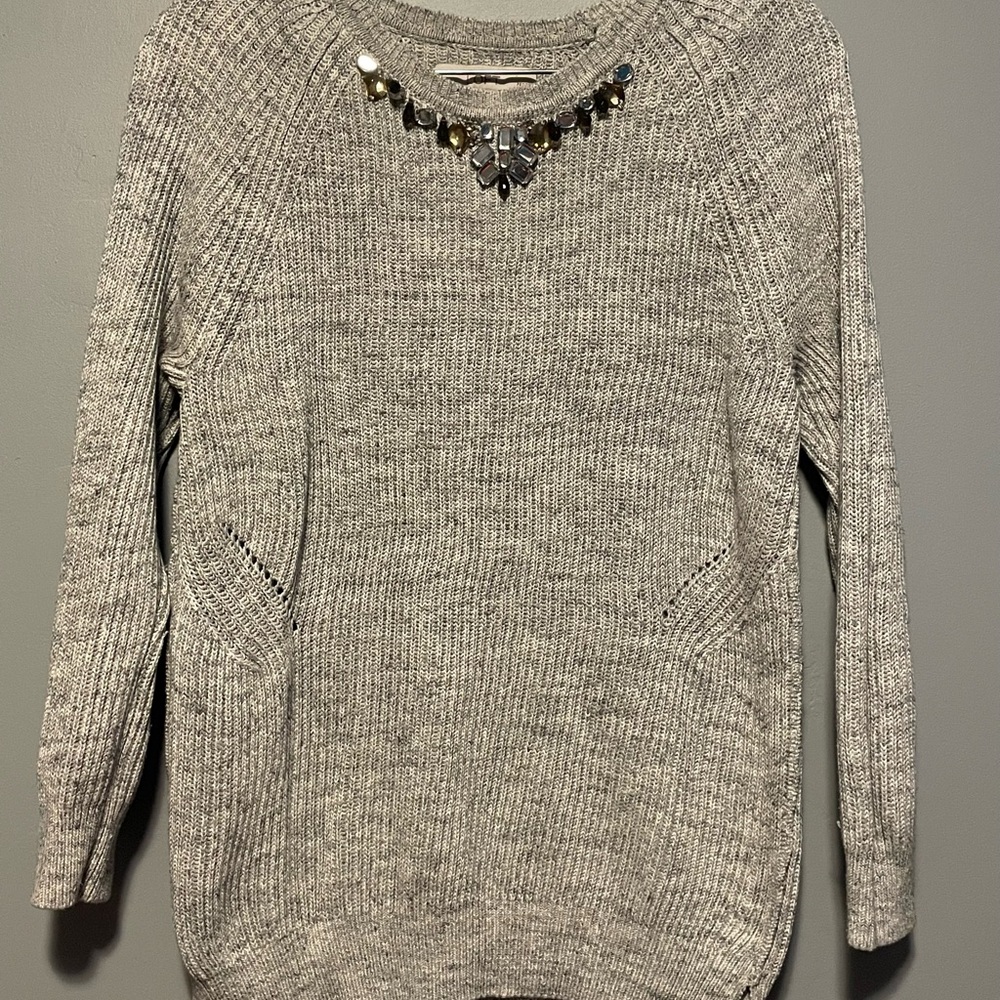 LOFT Light Gray Knit Sweater with Jeweled Neck